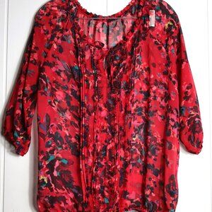 Red and Black Sheer Blouson Peasant Top 3/4 Sleeve EXPRESS Women's Large Shirt